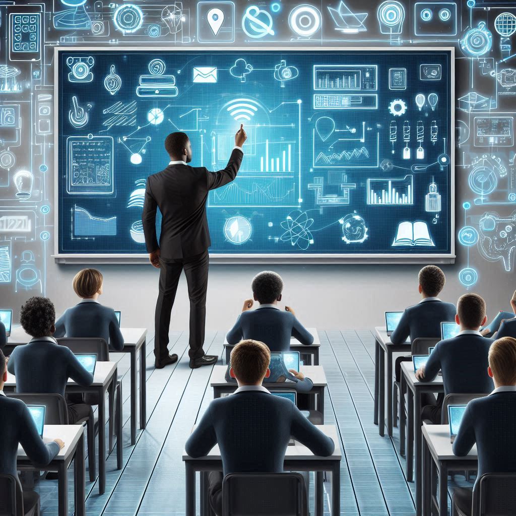 Un aula moderna con estudiantes interactuando con una smartboard, rodeados de dispositivos conectados y sensores que monitorean el ambiente, ilustrando el concepto de Internet de las Cosas en la educación