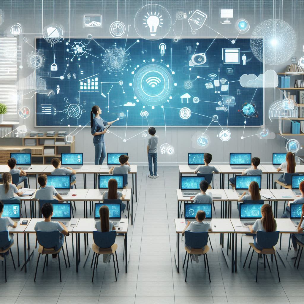 Un aula moderna con estudiantes utilizando computadoras, gráficos de datos en una pantalla, ilustrando el concepto de Big Data aplicado a la educación
