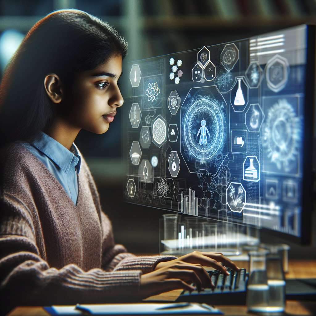 Un estudiante utilizando un laboratorio virtual, interactuando con simulaciones de experimentos científicos en una computadora, rodeado de gráficos y elementos visuales representativos de la ciencia